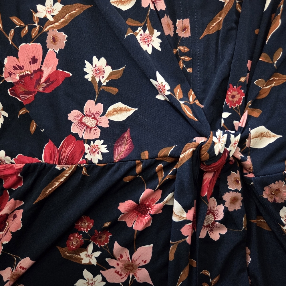 NWT-London Times Navy/Red Floral Elbow Sleeve Side Tie Fit & Flare Midi Dress-14 - Picture 11 of 16